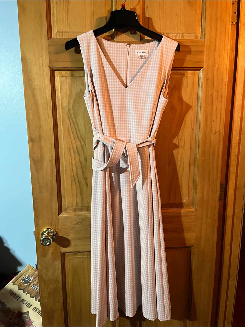 Calvin Klein Pink Gingham Maxi Dress with V-Neck and Self-Tie